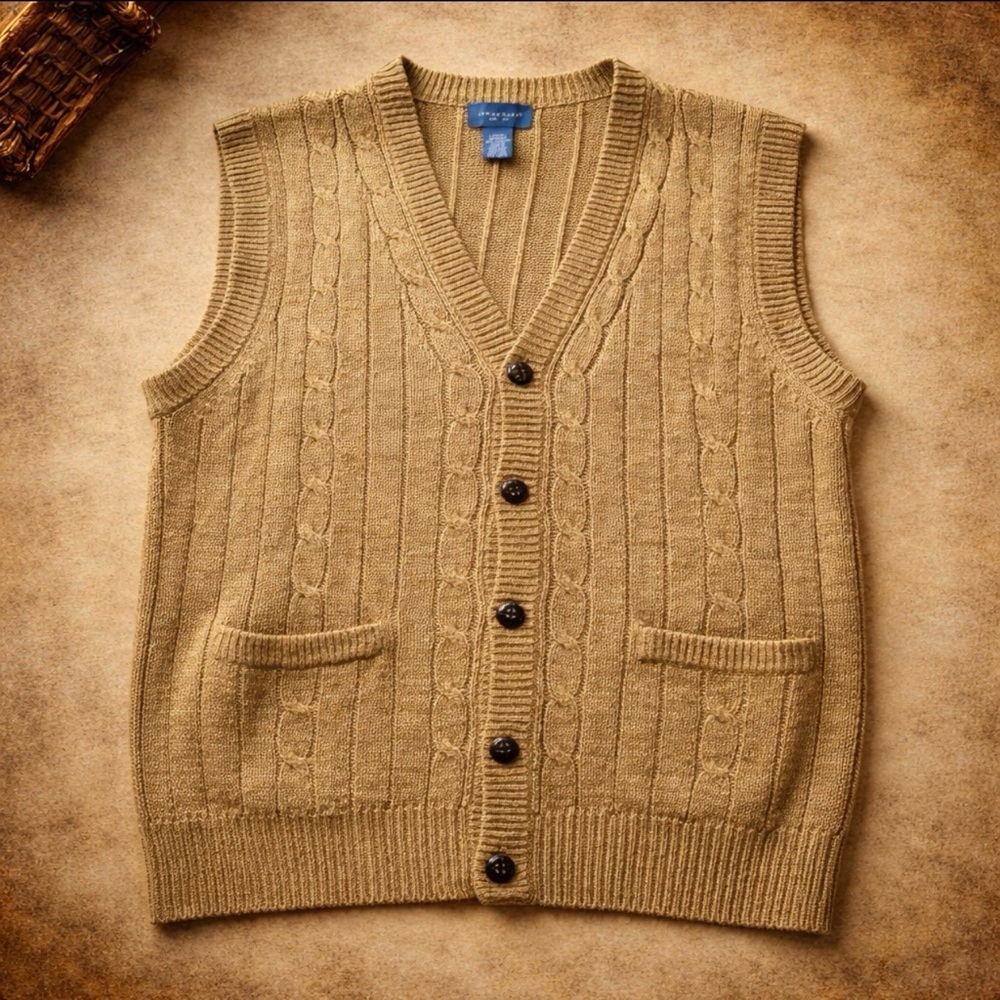 TOWNCRAFT Sweater Vest Large Cable Knit Brown Grandpa Dad Buttons Pockets 90s